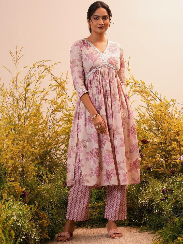 Mauve Printed Cotton A-Line Kurta With Trousers - Libas