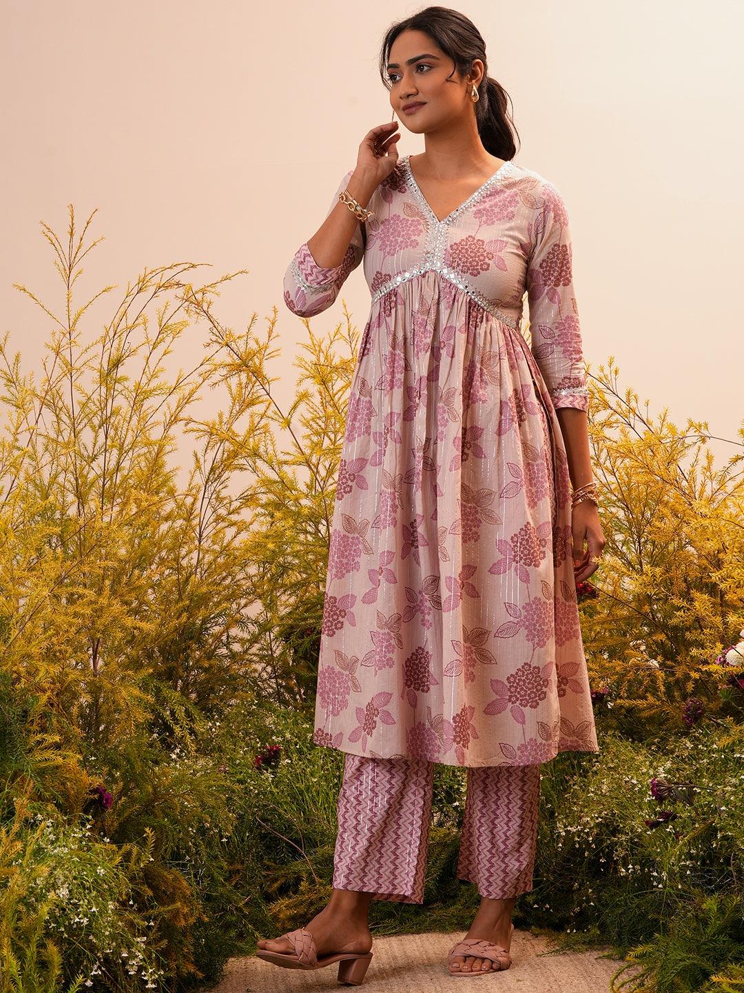 Mauve Printed Cotton A-Line Kurta With Trousers - Libas 