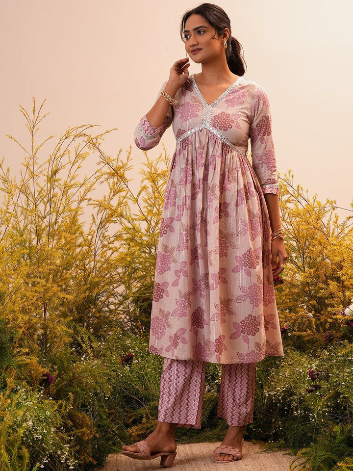 Mauve Printed Cotton A-Line Kurta With Trousers - Libas