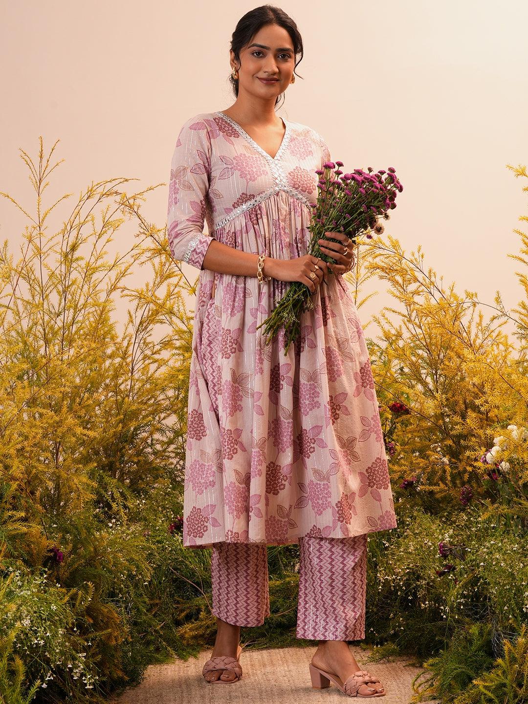 Mauve Printed Cotton A-Line Kurta With Trousers - Libas 