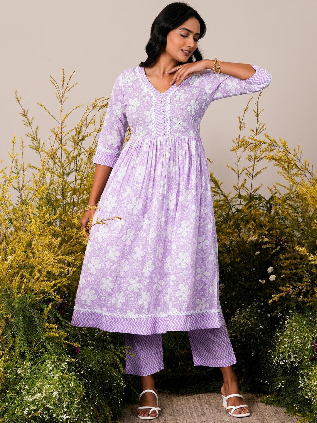 Lavender Printed Cotton Anarkali Kurta Set - Libas