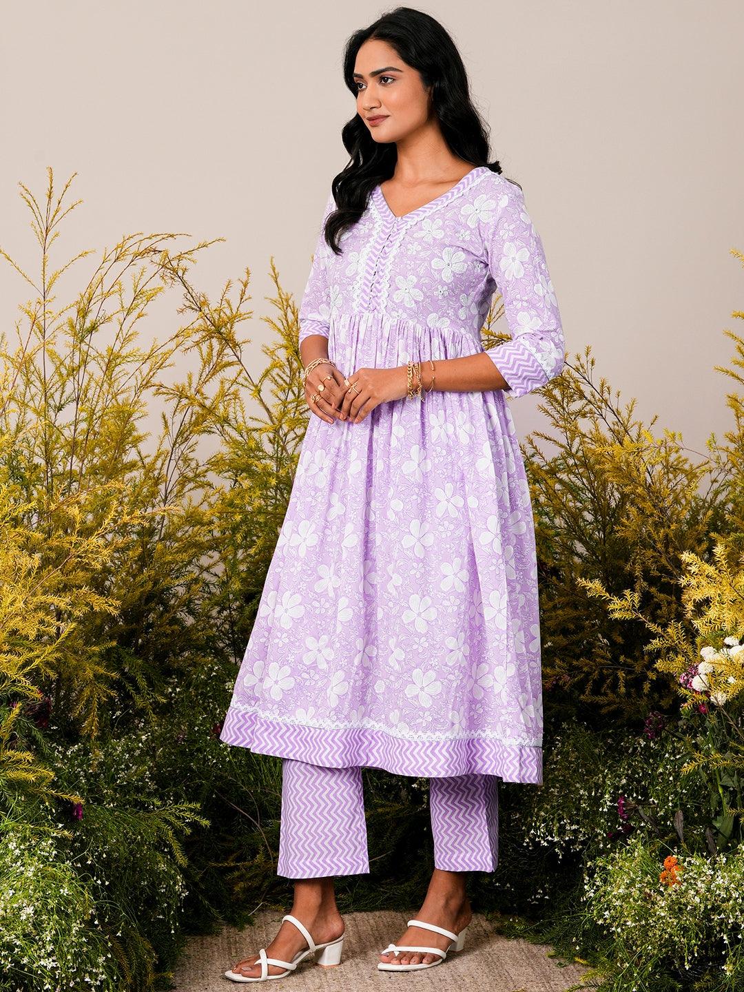 Lavender Printed Cotton Anarkali Kurta Set - Libas 