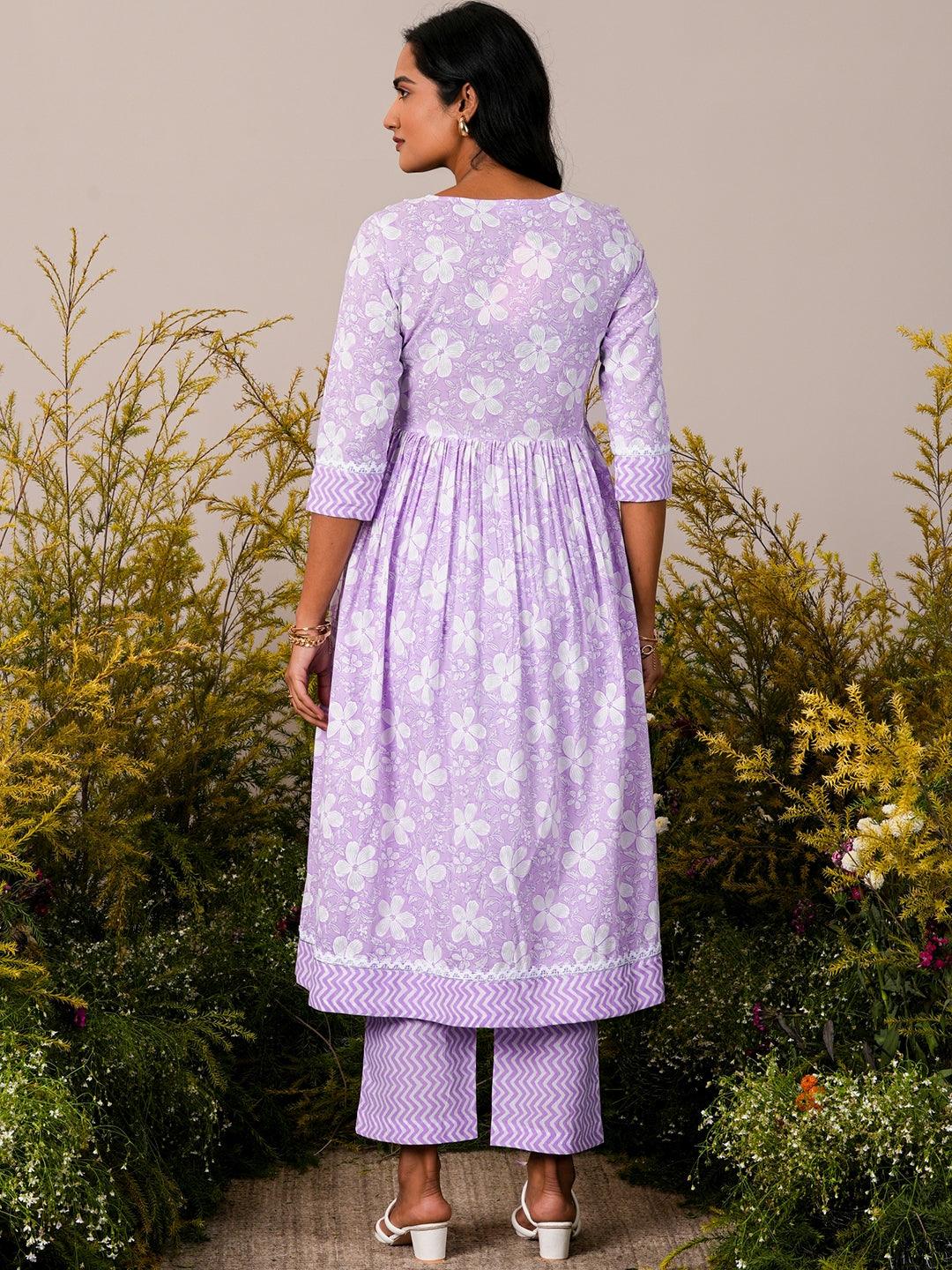 Lavender Printed Cotton Anarkali Kurta Set - Libas 