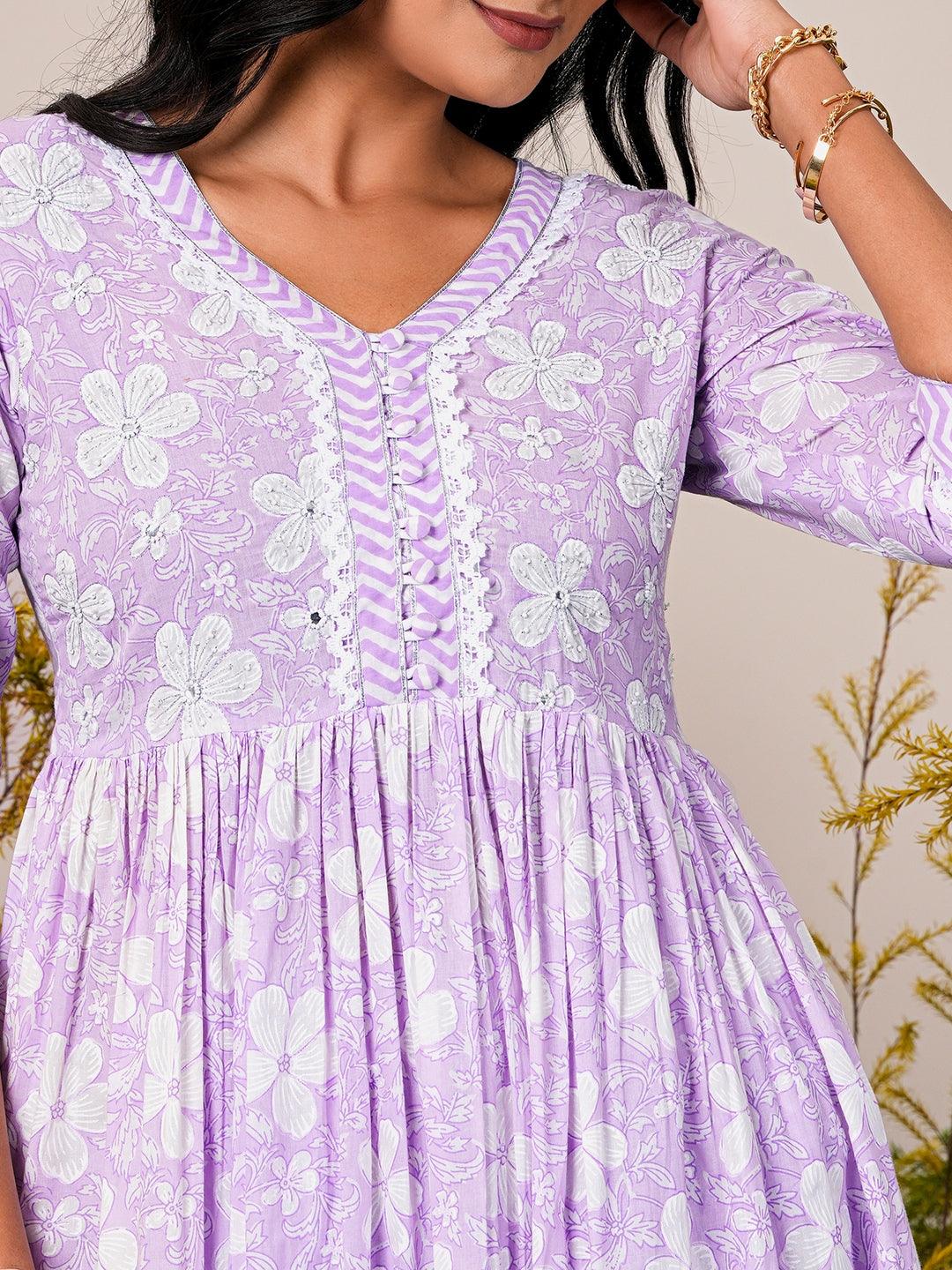 Lavender Printed Cotton Anarkali Kurta Set - Libas 