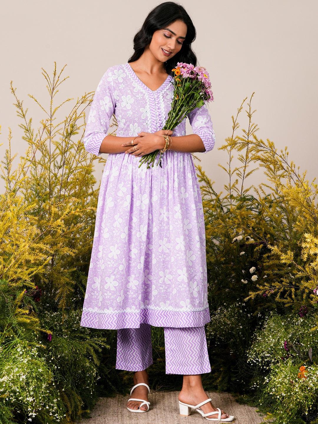 Lavender Printed Cotton Anarkali Kurta Set - Libas 