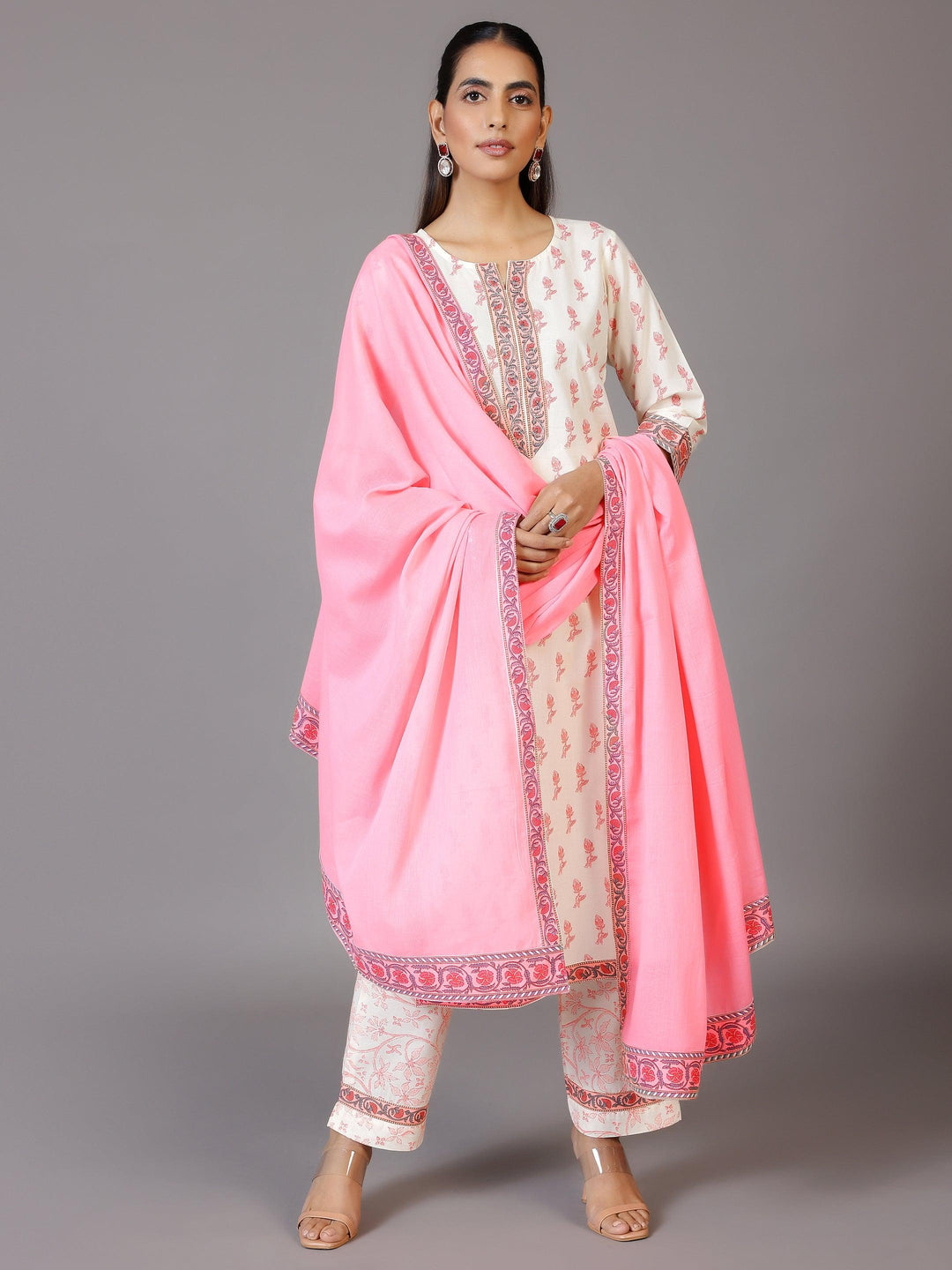 Off White Printed Cotton Straight Suit With Dupatta - Libas 