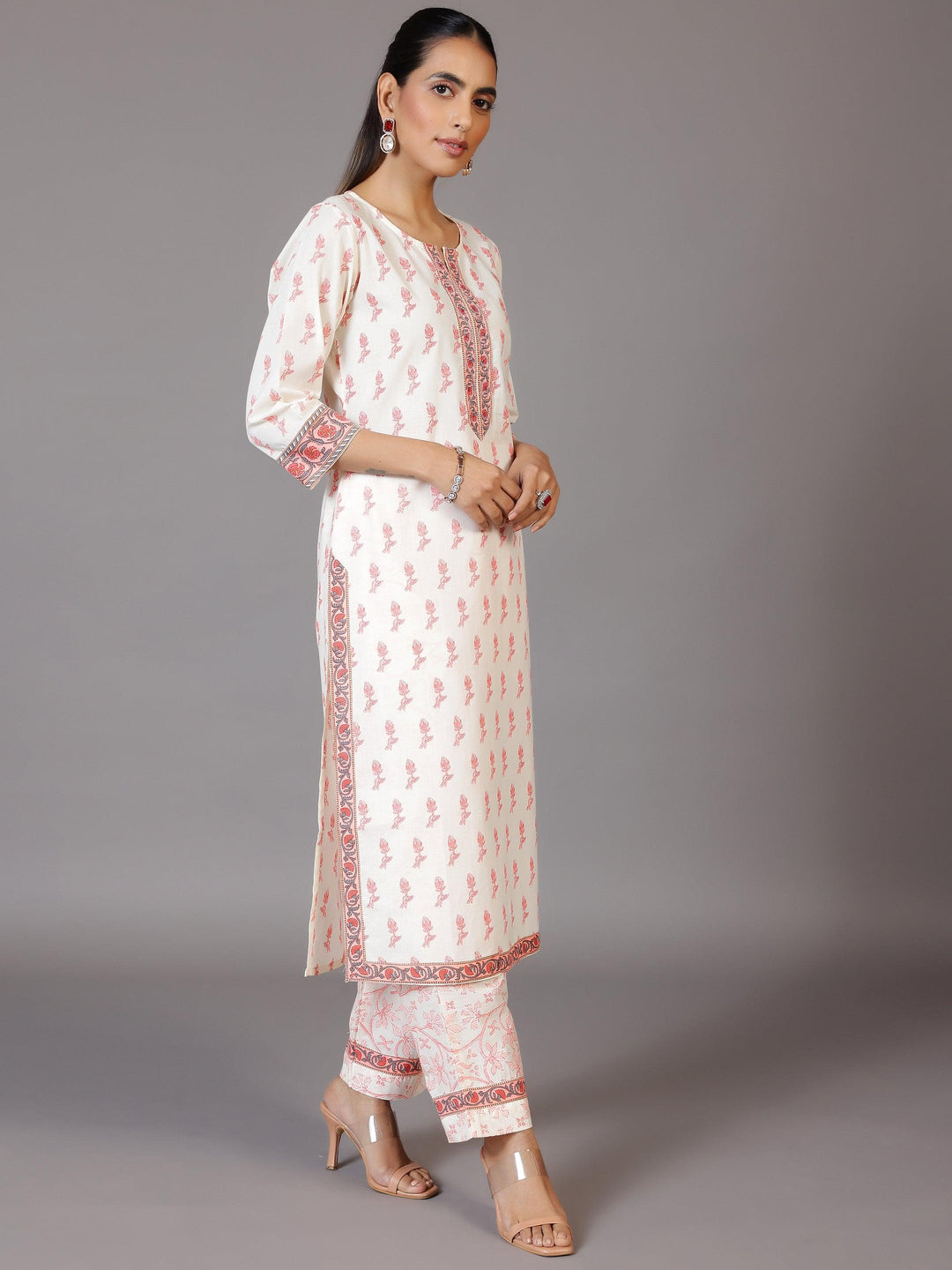 Off White Printed Cotton Straight Suit With Dupatta - Libas 