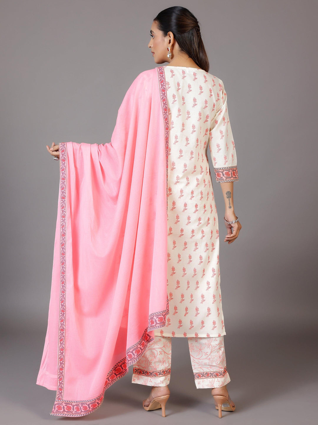 Off White Printed Cotton Straight Suit With Dupatta - Libas