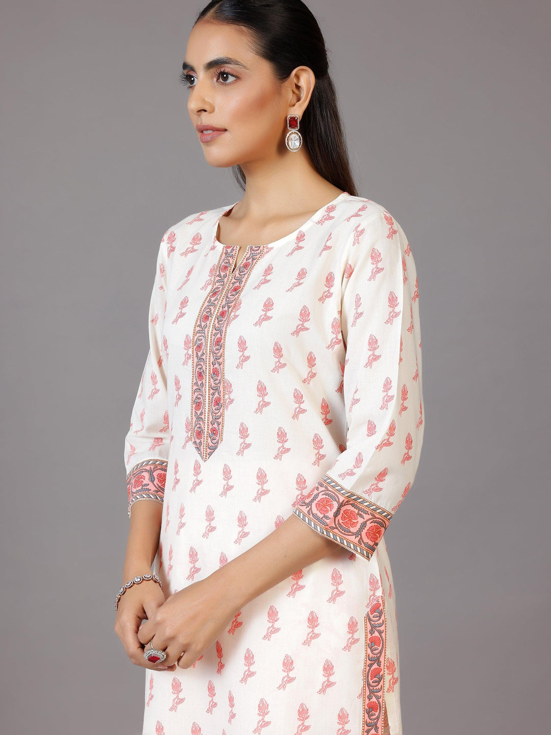 Off White Printed Cotton Straight Suit With Dupatta - Libas