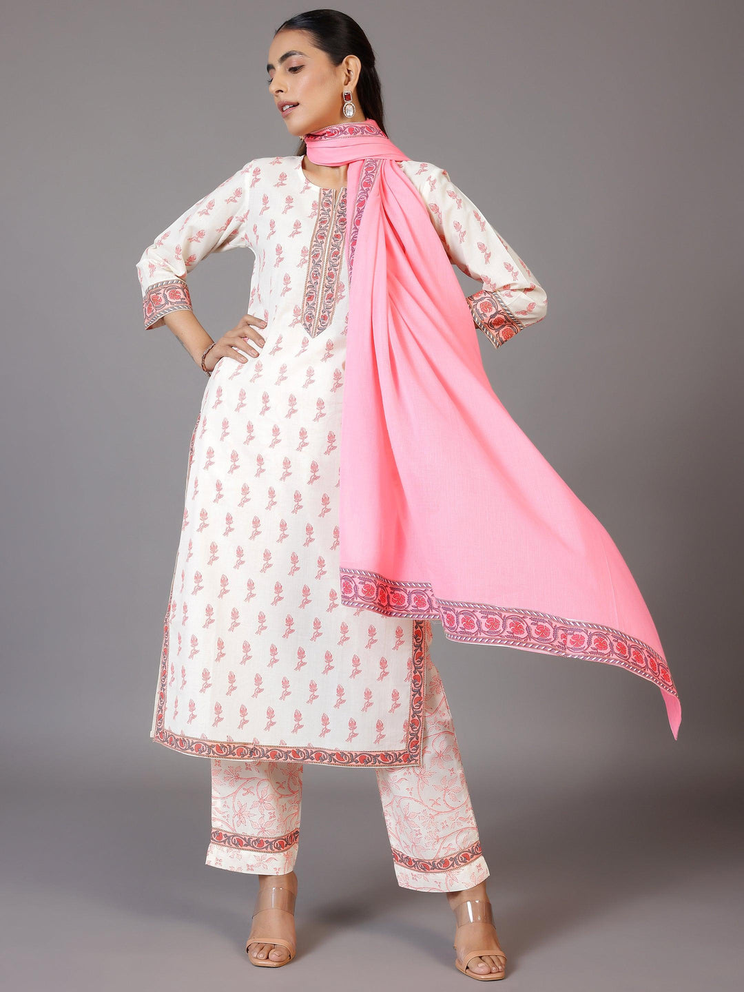 Off White Printed Cotton Straight Suit With Dupatta - Libas 