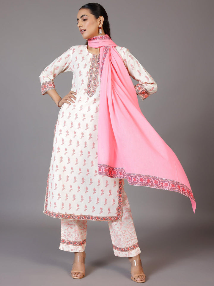 Off White Printed Cotton Straight Suit With Dupatta - Libas