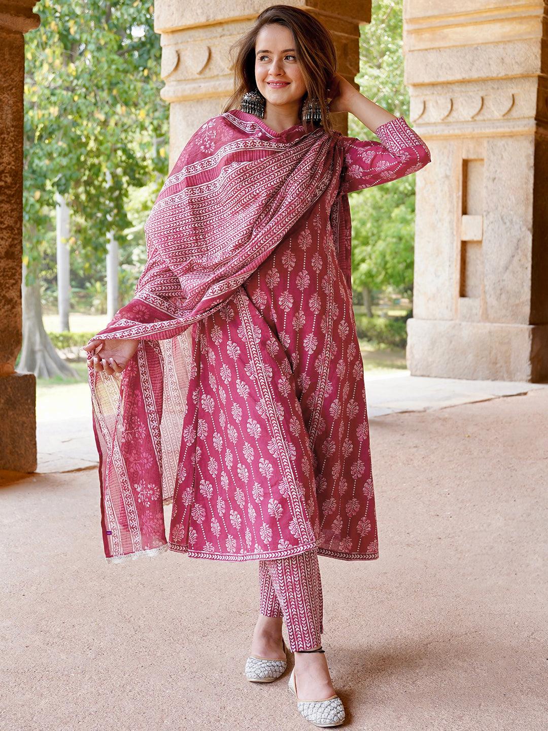 Burgundy Printed Cotton A-Line Kurta With Palazzos & Dupatta - Libas 