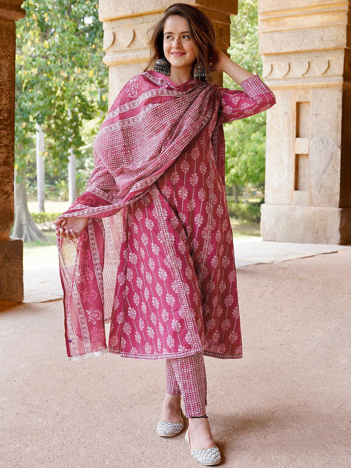 Burgundy Printed Cotton A-Line Kurta With Palazzos & Dupatta - Libas