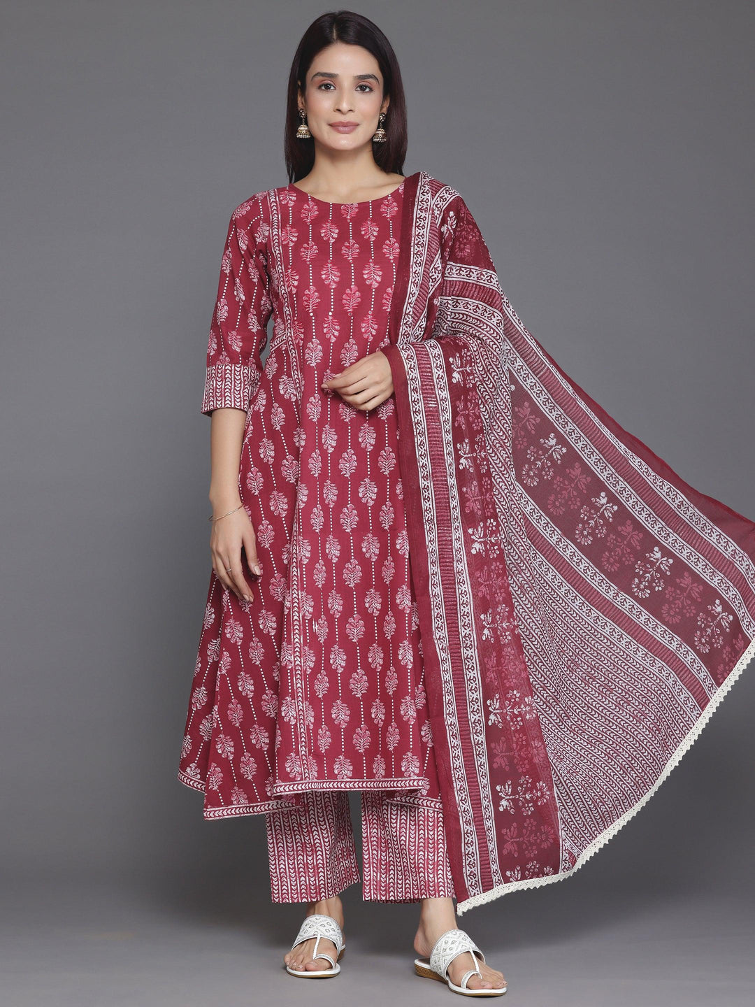 Burgundy Printed Cotton A-Line Kurta With Palazzos & Dupatta - Libas