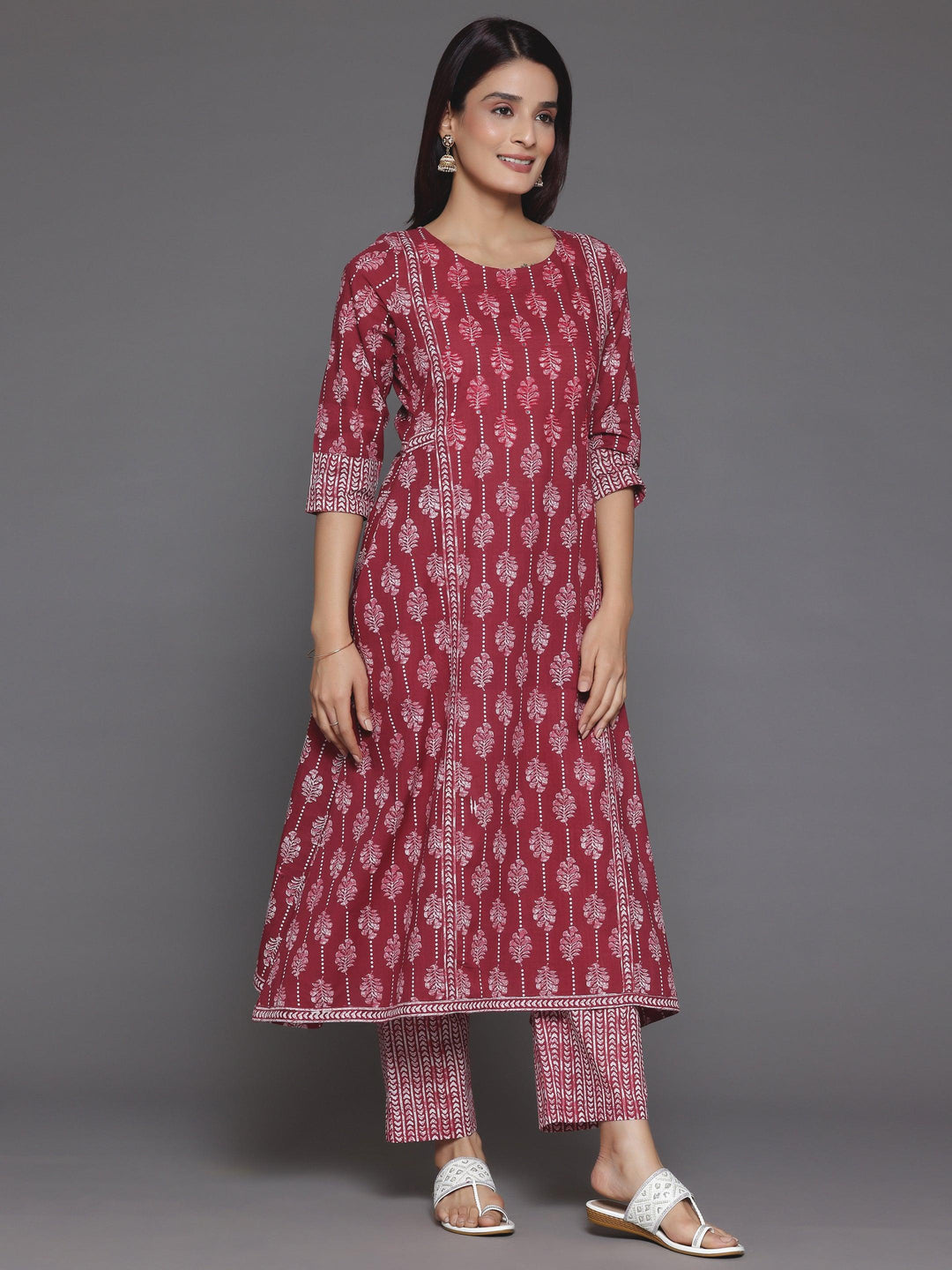 Burgundy Printed Cotton A-Line Kurta With Palazzos & Dupatta - Libas 