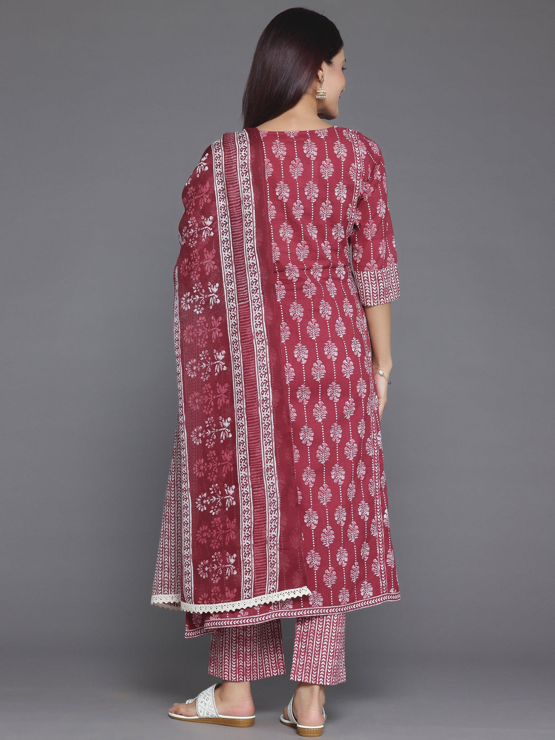 Burgundy Printed Cotton A-Line Kurta With Palazzos & Dupatta - Libas 