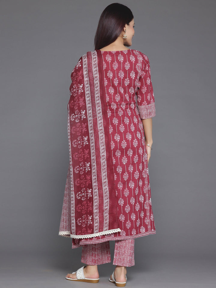 Burgundy Printed Cotton A-Line Kurta With Palazzos & Dupatta - Libas