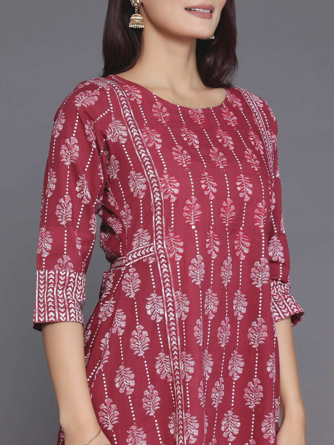 Burgundy Printed Cotton A-Line Kurta With Palazzos & Dupatta - Libas 