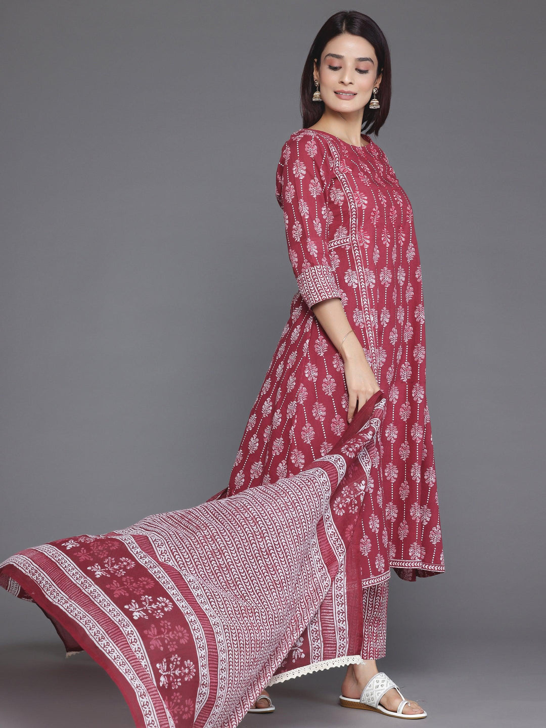 Burgundy Printed Cotton A-Line Kurta With Palazzos & Dupatta - Libas 