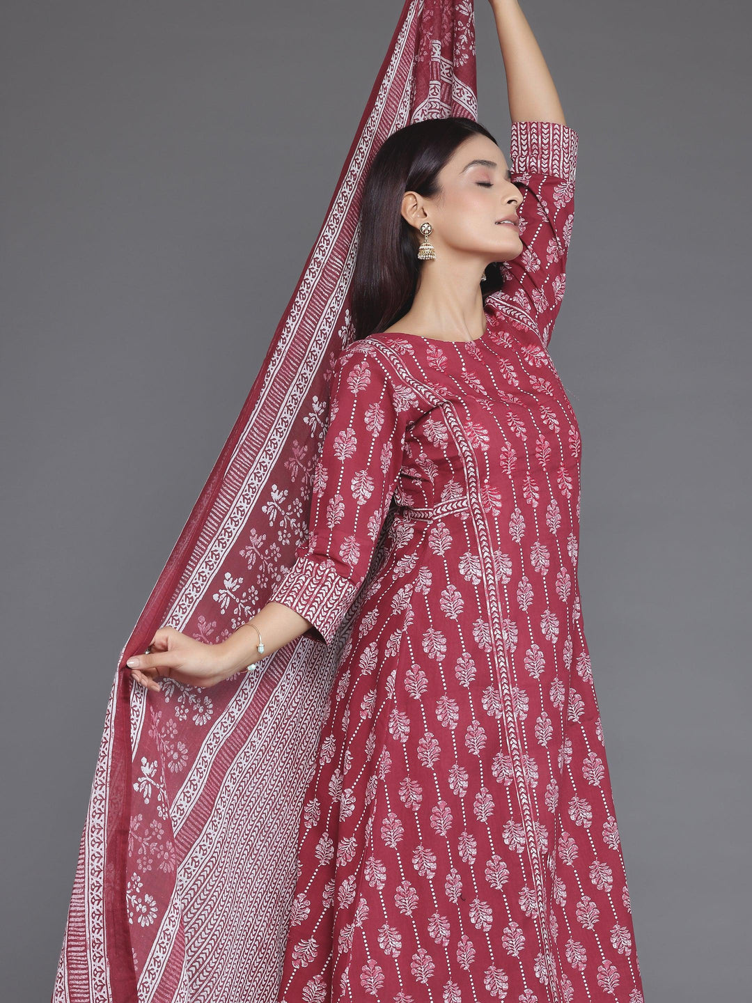 Burgundy Printed Cotton A-Line Kurta With Palazzos & Dupatta - Libas 