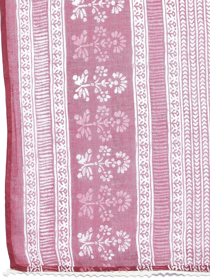 Burgundy Printed Cotton A-Line Kurta With Palazzos & Dupatta - Libas