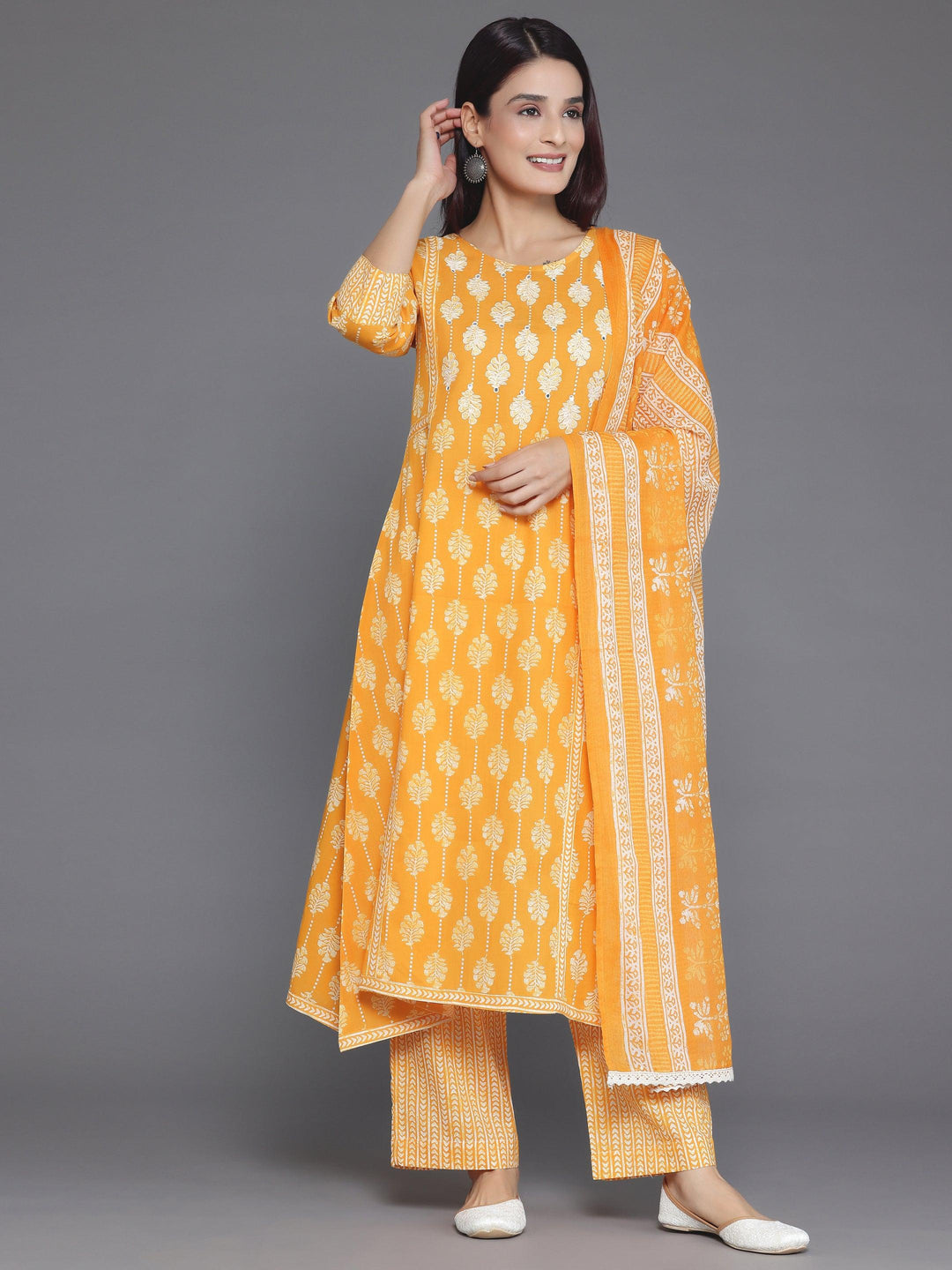 Mustard Printed Cotton A-Line Kurta With Palazzos & Dupatta - Libas