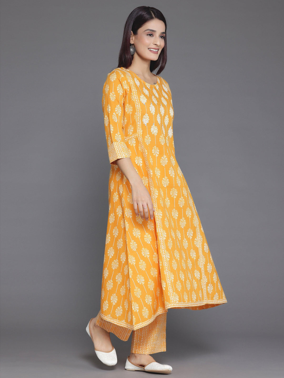 Mustard Printed Cotton A-Line Kurta With Palazzos & Dupatta - Libas