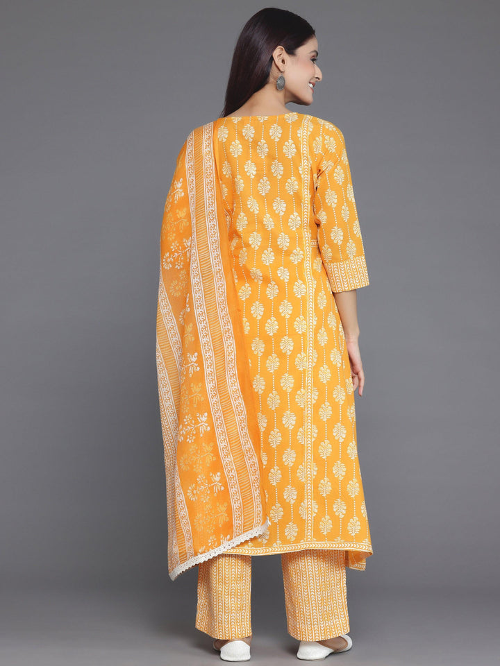 Mustard Printed Cotton A-Line Kurta With Palazzos & Dupatta - Libas