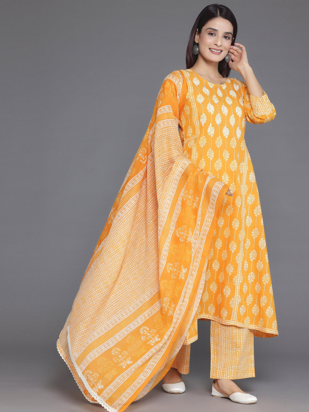 Mustard Printed Cotton A-Line Kurta With Palazzos & Dupatta - Libas