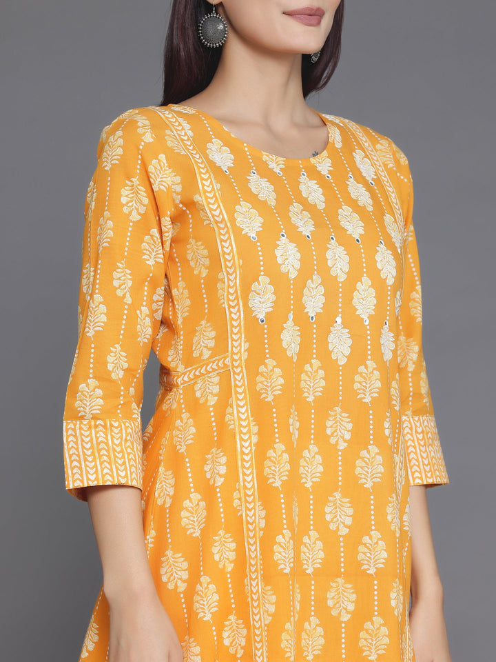 Mustard Printed Cotton A-Line Kurta With Palazzos & Dupatta - Libas