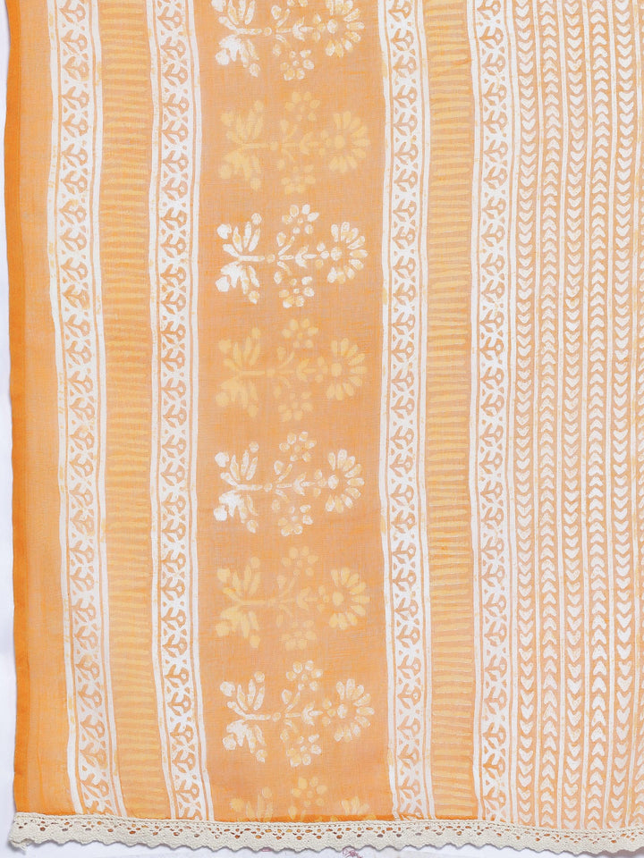 Mustard Printed Cotton A-Line Kurta With Palazzos & Dupatta - Libas