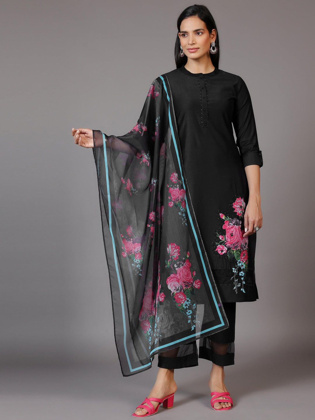 Black Self Design Silk Blend Straight Suit With Dupatta - Libas