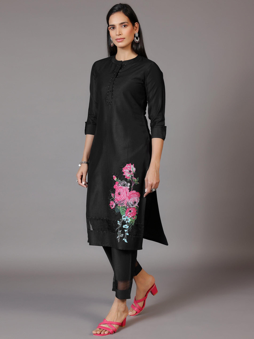 Black Self Design Silk Blend Straight Suit With Dupatta - Libas 