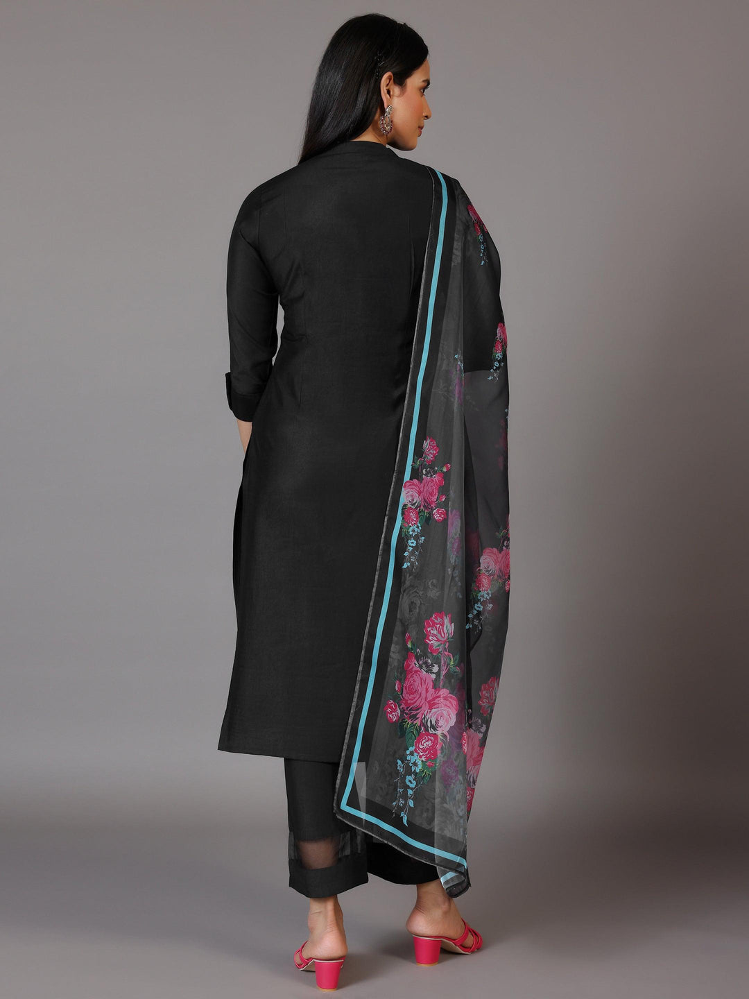 Black Self Design Silk Blend Straight Suit With Dupatta - Libas 