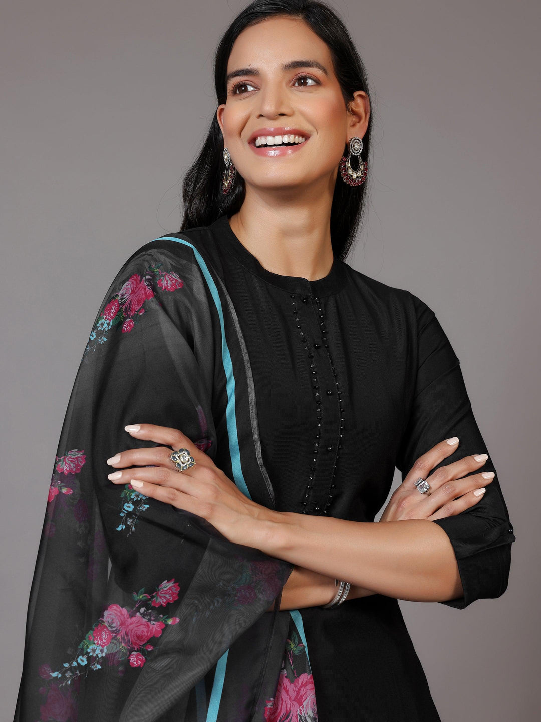 Black Self Design Silk Blend Straight Suit With Dupatta - Libas 