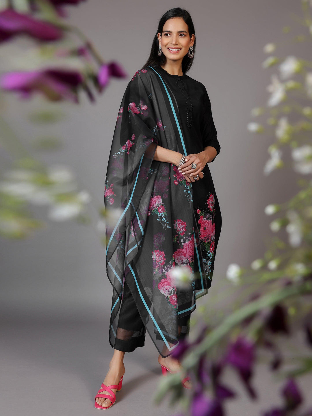 Black Self Design Silk Blend Straight Suit With Dupatta - Libas 