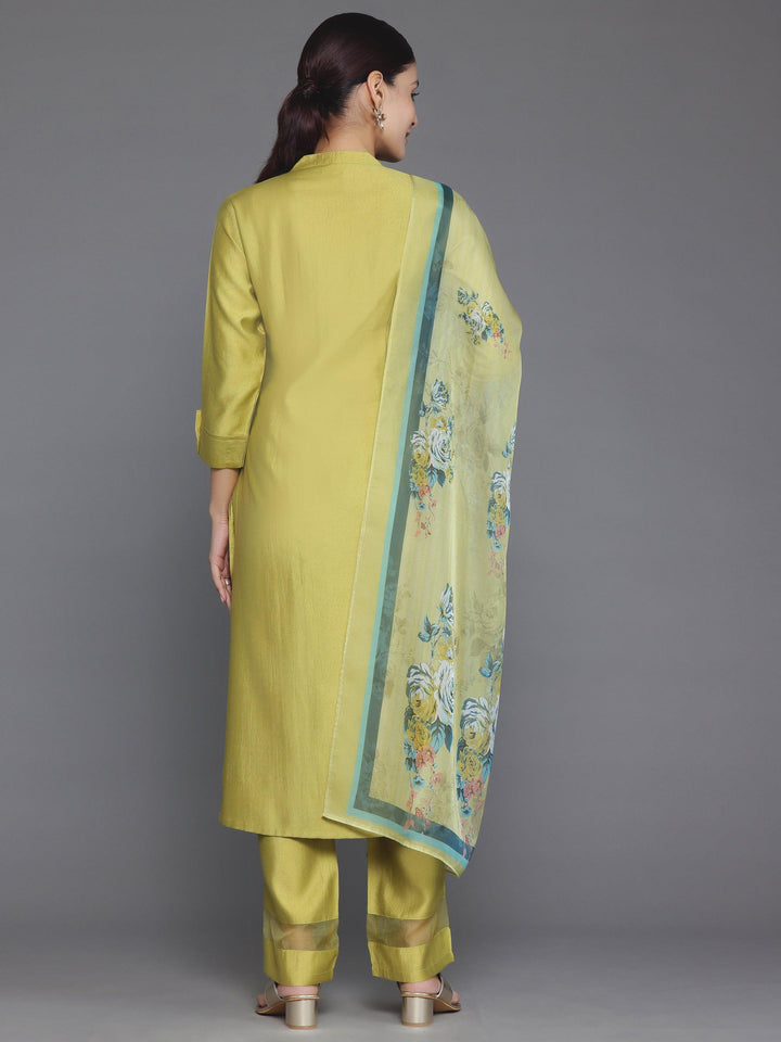 Green Self Design Silk Blend Straight Suit With Dupatta - Libas