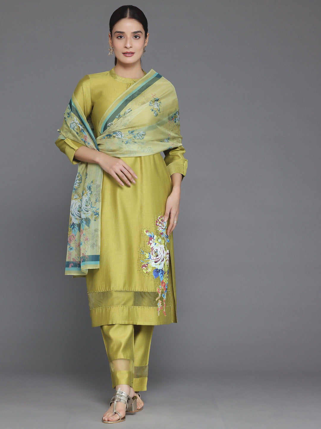 Green Self Design Silk Blend Straight Suit With Dupatta - Libas