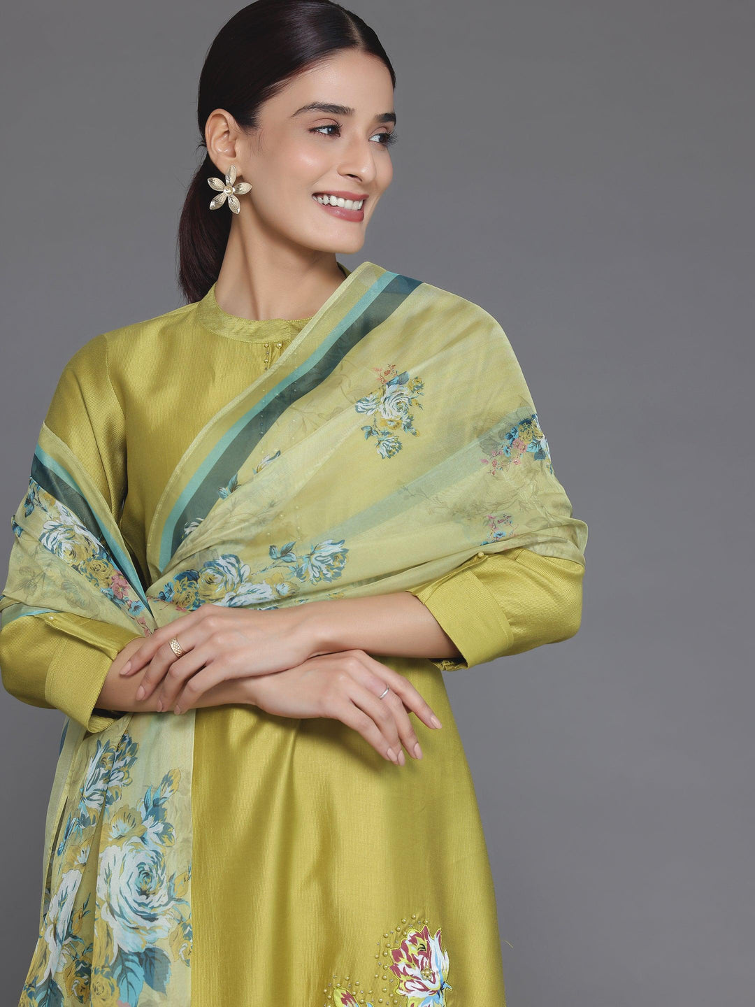 Green Self Design Silk Blend Straight Suit With Dupatta - Libas