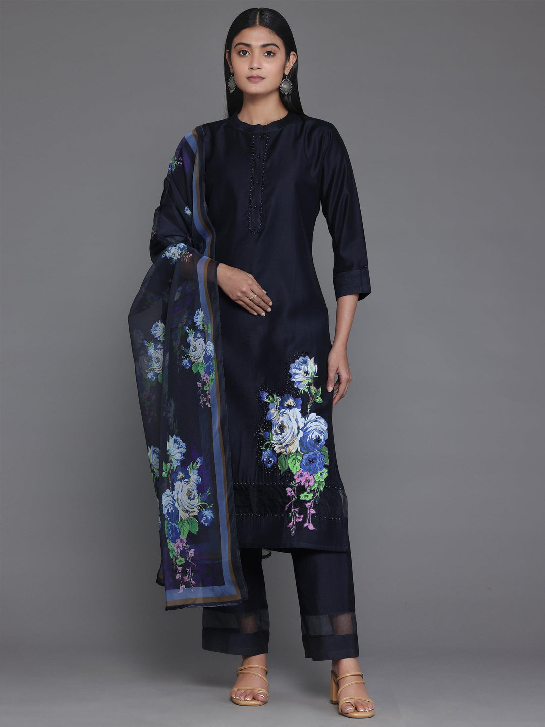 Navy Blue Self Design Silk Blend Straight Suit With Dupatta - Libas