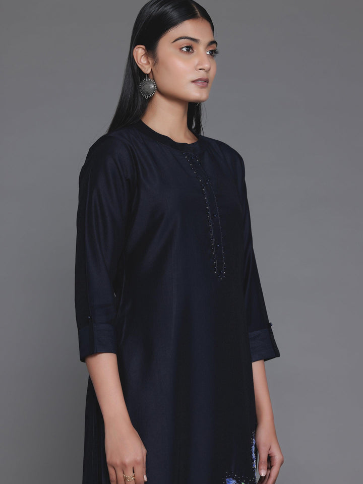 Navy Blue Self Design Silk Blend Straight Suit With Dupatta - Libas