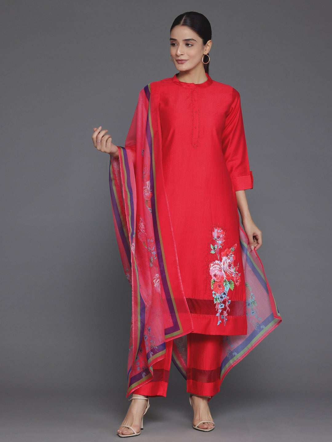 Red Self Design Silk Blend Straight Suit With Dupatta - Libas 