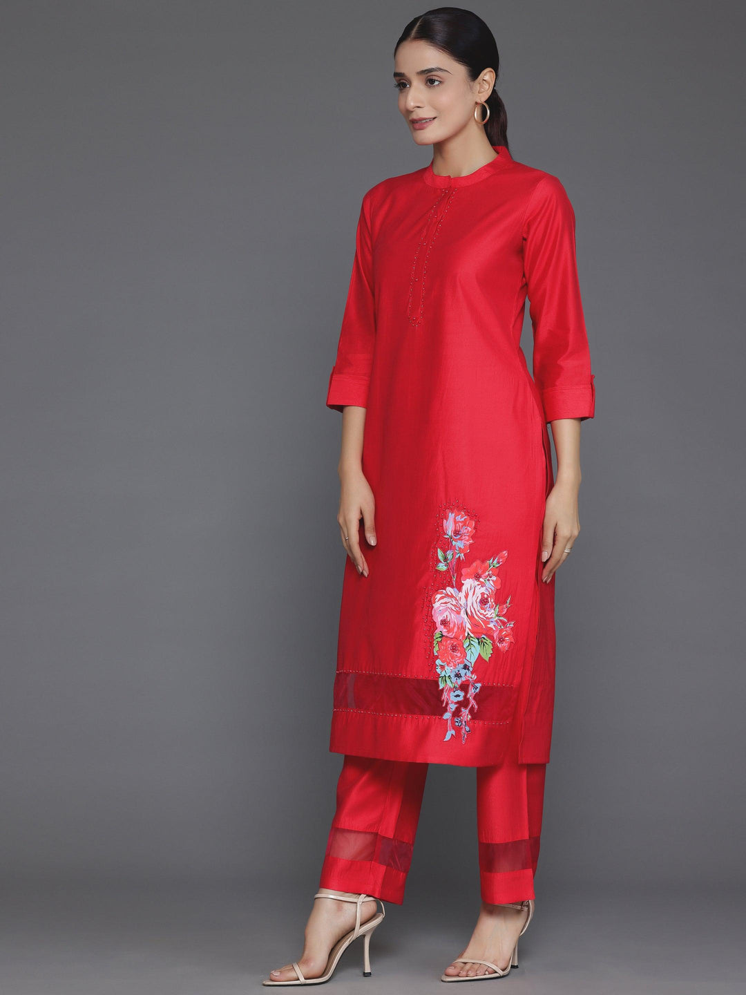 Red Self Design Silk Blend Straight Suit With Dupatta - Libas 