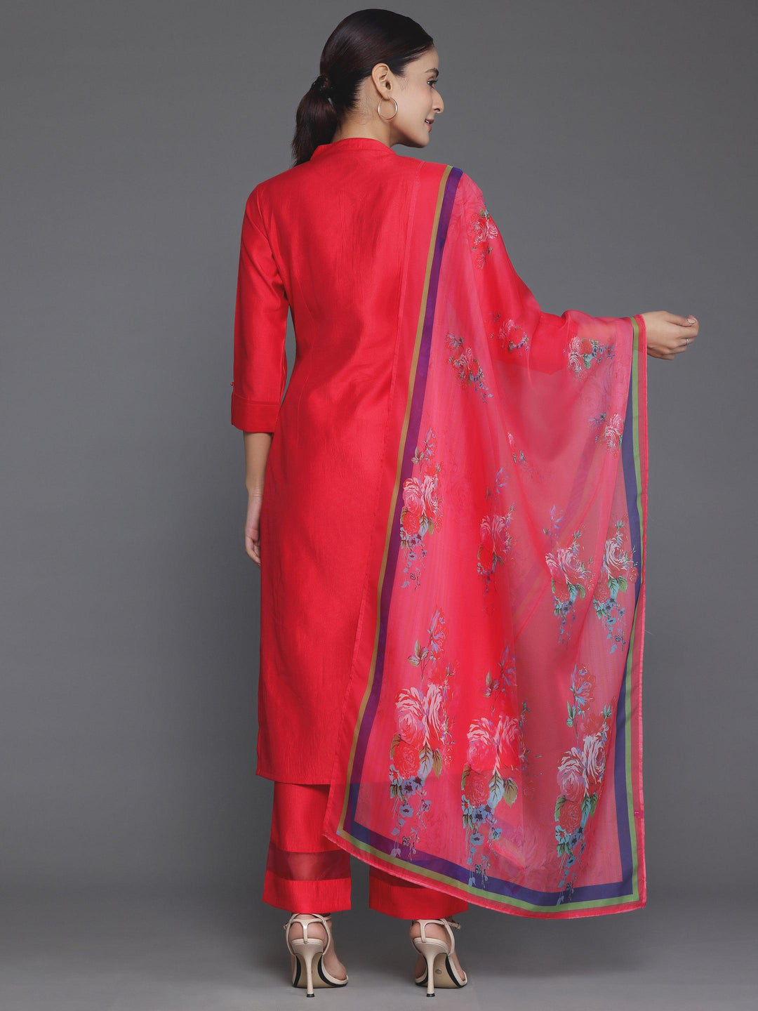 Red Self Design Silk Blend Straight Suit With Dupatta - Libas 