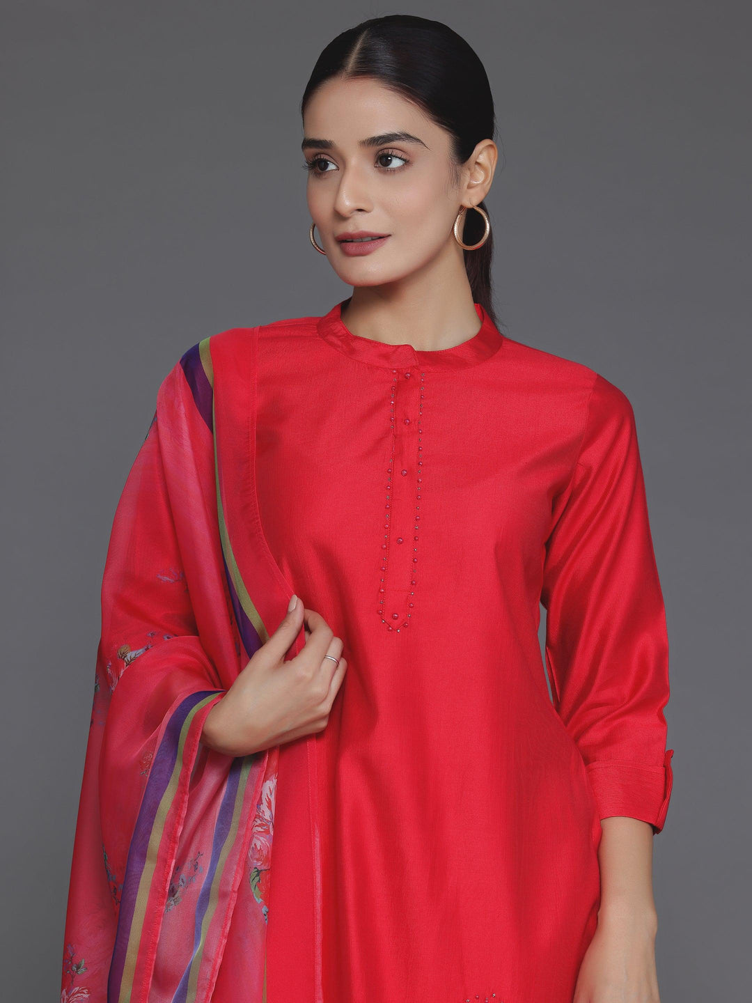 Red Self Design Silk Blend Straight Suit With Dupatta - Libas 