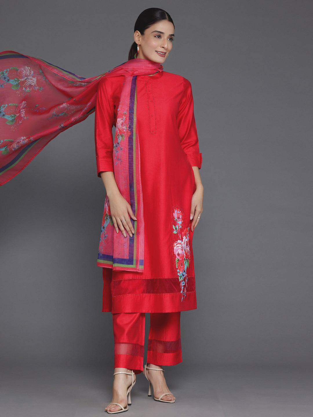 Red Self Design Silk Blend Straight Suit With Dupatta - Libas 