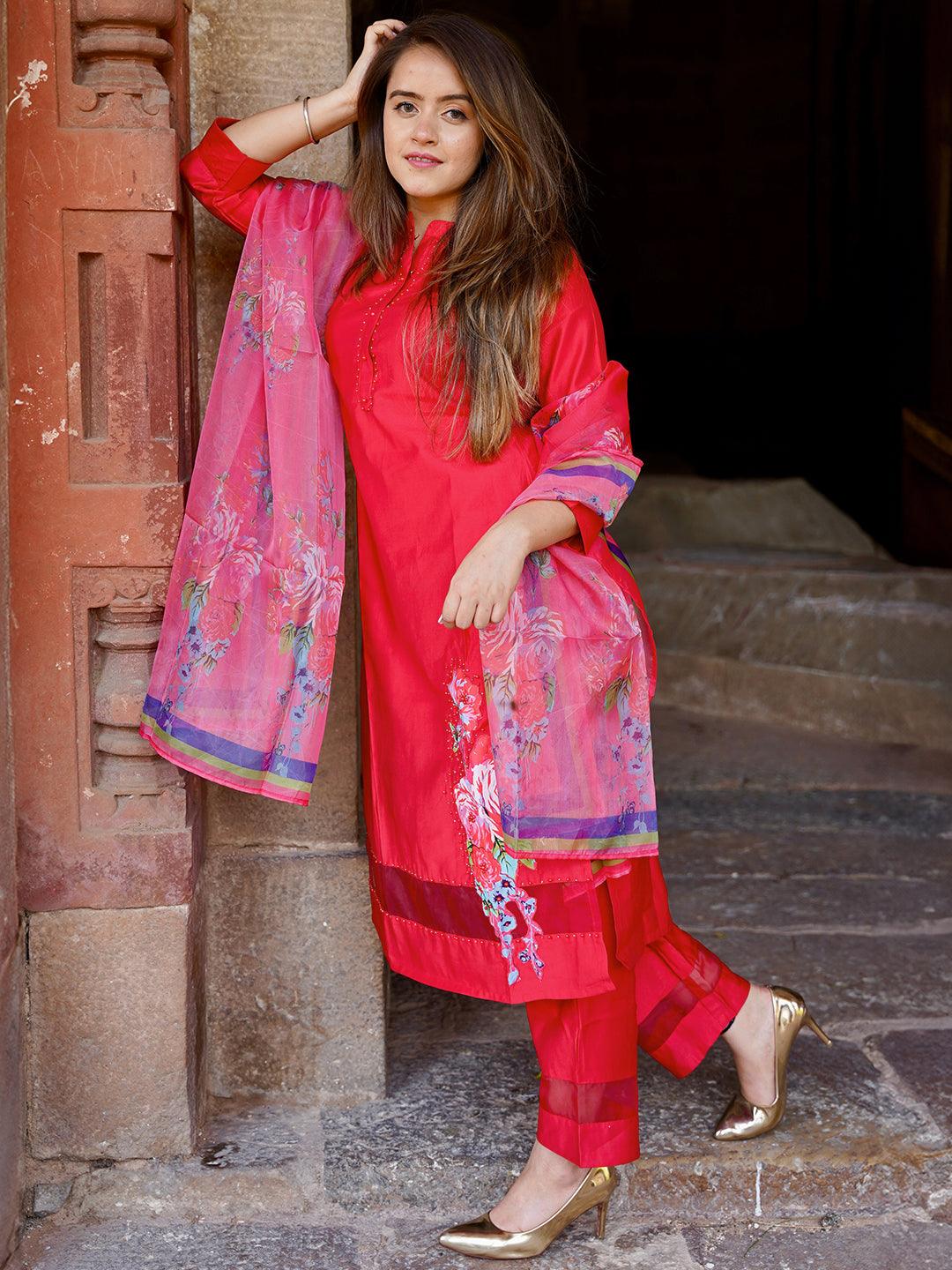 Red Self Design Silk Blend Straight Suit With Dupatta - Libas 