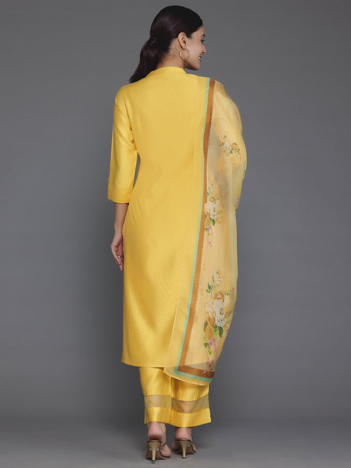 Mustard Self Design Silk Blend Straight Suit With Dupatta - Libas