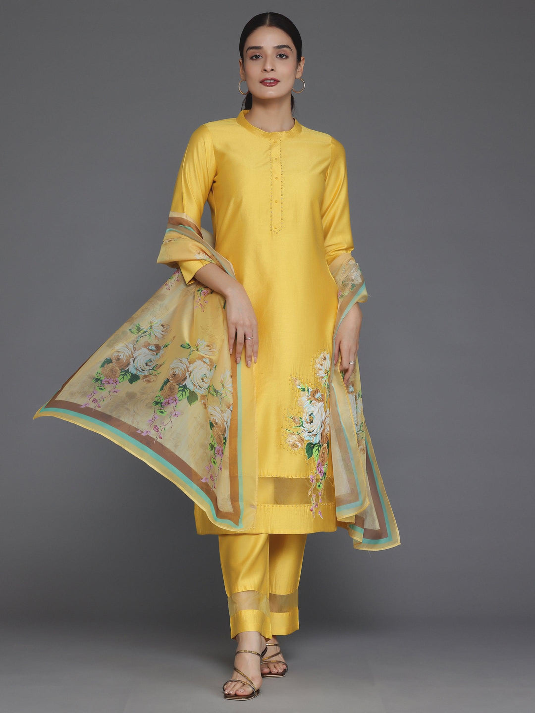 Mustard Self Design Silk Blend Straight Suit With Dupatta - Libas 