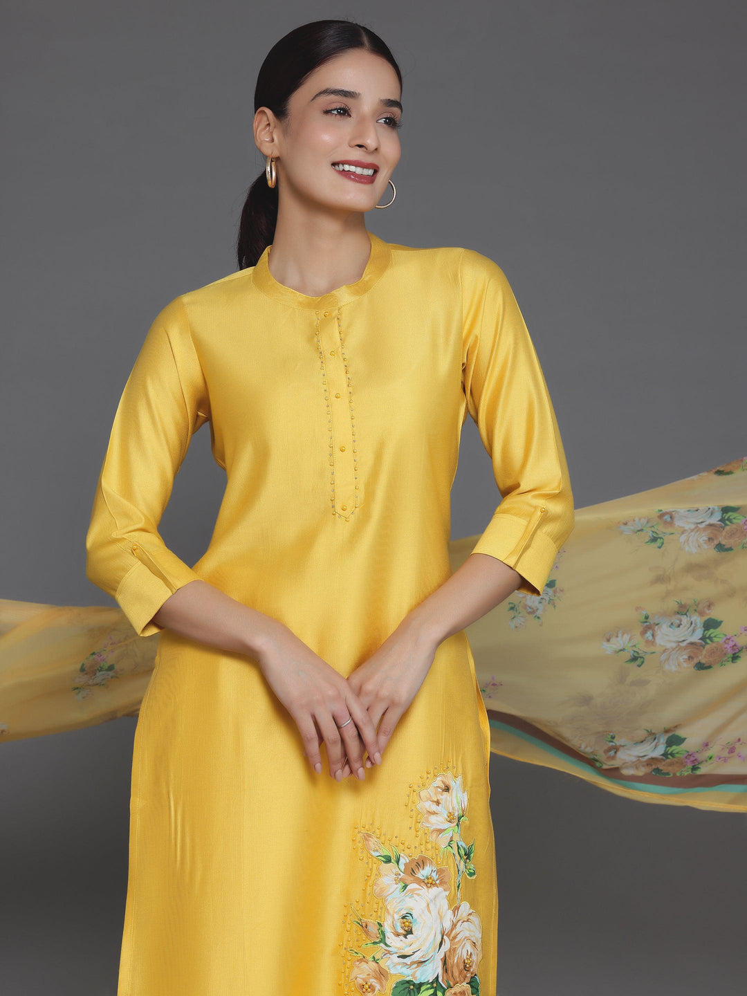 Mustard Self Design Silk Blend Straight Suit With Dupatta - Libas 